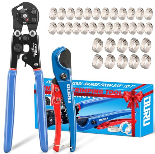 OURU 2-in-1-Ratschen-Pex-Crimpzange zum Anziehen und Entfernen, Kombi-Funktion, Pex-Rohr-Crimp von 0,95 cm bis 2,5 cm Pex-Crimper mit Pex-Schneider und Edelstahl-Pex-Klemmen, 1,27 cm, 25 Stück, 1,9 cm