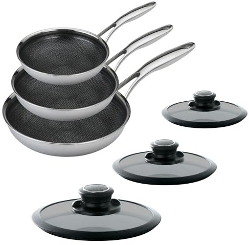 Black Cube Hybrid Cookware Set - 6 Piece Stainless Steel Non Stick, Quick Release Fry Pan Set with Lids - 8, 11, 12.5 Pans - Oven & Dishwasher Safe - Induction Suitable
