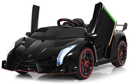 COSTWAY 12V Electric Ride on Car, 2-Seater Licensed Lamborghini Racing Cars with Remote Control, Swing Mode, LED Lights, Horn, USB/MP3/TF, 4 Suspension Wheels Vehicle for Kids (Black)