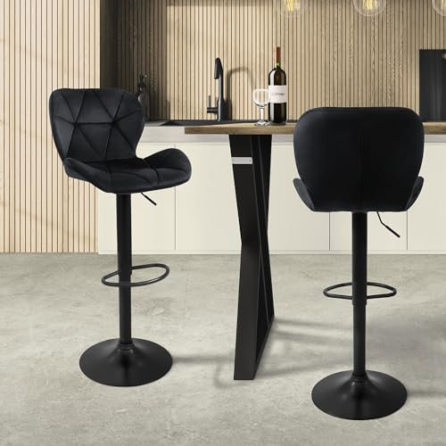 ML-Design Barhocker 2er Set, Bezug aus Samt, Schwarz, Gepolsterter Barstuhl mit Rückenlehne und Fußstütze, Tresenhocker höhenverstellbar 59-79 cm, 360° drehbar, Bistrohocker Hocker Drehstuhl Barstühle