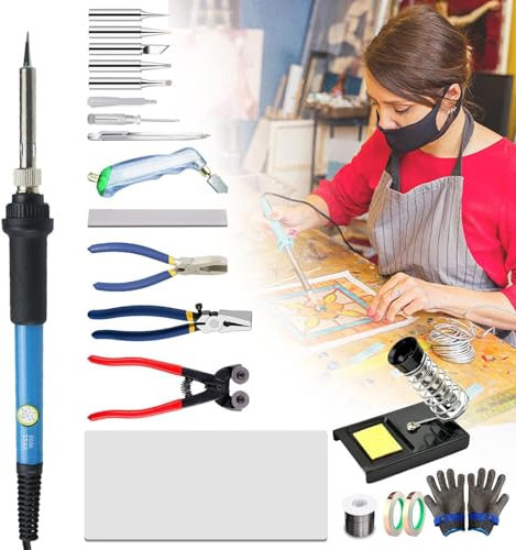 Kit de vitrail, 23 pièces, kit de démarrage professionnel pour vitraux, kit d'outils de coupe-verre et kit de fer à souder pour les amateurs d'artisanat du verre et les débutants, ensemble d'outils
