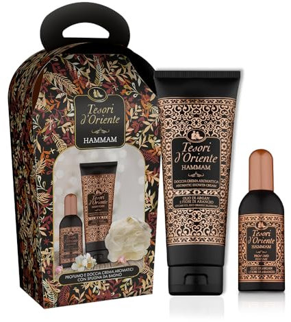 Tesori d'Oriente - Geschenkidee Set Hammam, mit Duschcreme 250 ml und aromatischem Duft 100 ml, inklusive Schwamm, blumiger und umhüllender Duft, Noten von Mandeln, Vanille und Moschus
