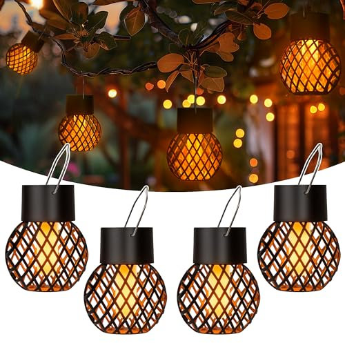 GIGALUMI Lot de 4 lampes solaires d'extérieur à suspendre - Flamme vacillante - Étanche - Pour jardin, cour, clôture, arbre