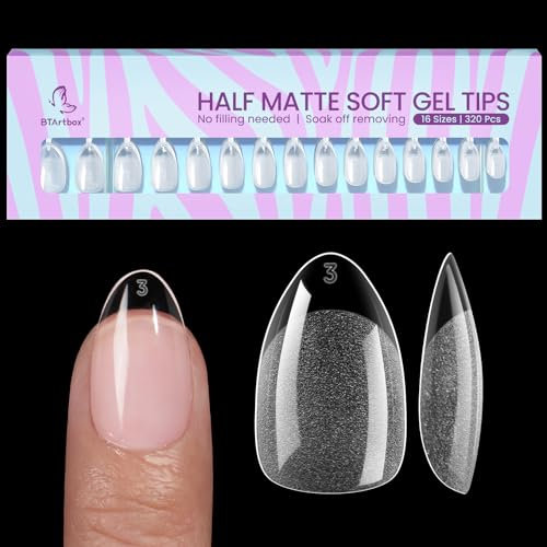 BTArtbox Kurz Mandel Nägel Tips - Vollständige Abdeckung Nail Tips Pre-Shaped Halbmatt Gelly Nagelspitzen für Acrylnägel für Frauen,Salon,320 Stück,16 Größen