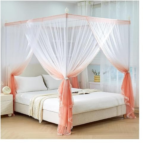 4 Eckhimmel-Bettrahmen-Pfostenstangen, Moskitonetz-Bettrahmen-Vorhanghalterungen mit Vorhang, Prinzessinnen-Bettnetz-Baldachin für Schlafzimmerdekoration (Farbe: Orange, Größe: Twin)