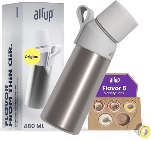 air up® Steel bottle made of stainless steel Original Starter Set incl. pods in 5 flavours, sugar-free I 480ml insulated bottle with flavour, keeps water cold for 14 hours, leak-proof I Silver