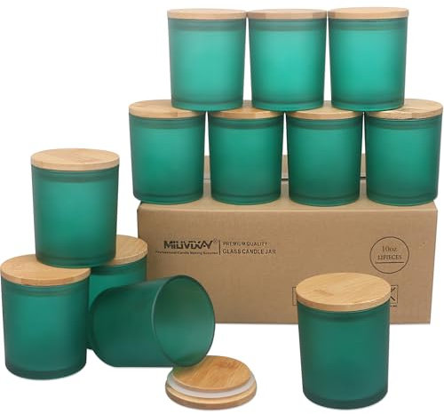 MILIVIXAY Lot de 12 pots à bougies vides en verre épais avec couvercles – Pots à épices et poudre de 283,5 g – Vert mat