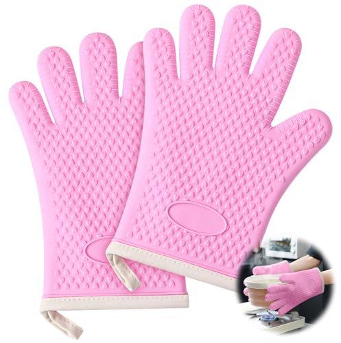 Heat Resistant Gloves; Insulated Gloves; Grilling Gloves; Silicone Non-Slip Oven Gloves; Kitchen Gloves; Kitchen Safety Cooking Gloves; for Grilling, Cooking, Baking, Fireproof Gloves (Pink)