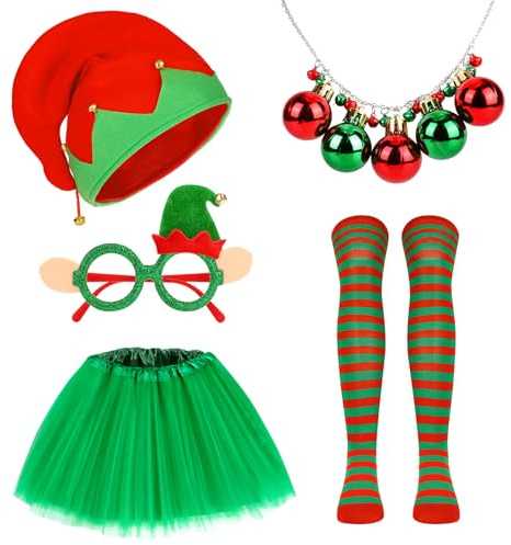 5 Stück Weihnachtselfen Kostüm Damen, Weihnachtself Mütze Weihnachtsbrillen Weihnachtskette Damen Tutu Rock Elfen Gestreifte Kniestrümpfe, Elfenkostüm Damen Weihnachts Kostüm für Weihnachts Karneval