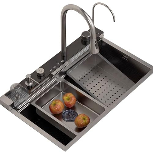 Fregadero de cocina en cascada, fregadero de acero inoxidable para estación de trabajo, fregadero de cocina de estilo rústico con pantalla LED y grifo extraíble, fregadero de cocina de un solo t