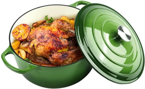 6 Quart Dutch Oven Enameled Cast Iron with Lid - Big Dual Handles - Oven Safe up to 500°F - Classic Round Pot for Versatile Cooking Green