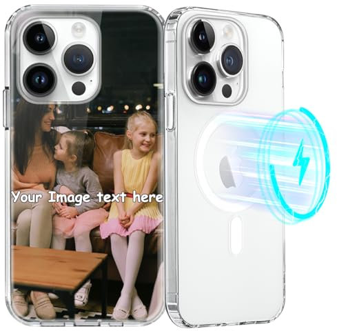 Yoedge Personalisierte Handyhülle für iPhone 15 Pro 6,1, [Kompatibel mit MagSafe] Magnetisch Hülle mit Eigenem Foto Bild Text Schutzhülle Selbst Gestalten, Transparent Weiche Dünn Silikon Case