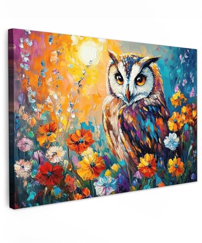 MuchoWow© Bild auf Leinwand Groß 120x80 cm XXL Schlafzimmer Bilder Badezimmer Wand Deko Wohnzimmer Modern Wanddeko Bilderwand Geschenk Eule - Blumen - Kunst - Sonnenuntergang