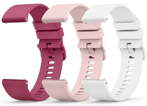 Wanme 3 Pièces 20mm Bracelet de Montre en Silicone, Souple Bracelet de Replacement en Dégagement Rapide avec Boucle en Même Couleur Homme Femme 20mm, Vin Rough/Rose/Blanc