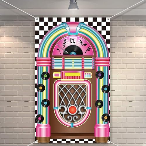 Casino Deko Banner - Elvis Stil Schallplatten Deko der 50er Jahre für Rockabilly Themenfeiern - Beeindruckender Jukebox-Banner für Partys und Events