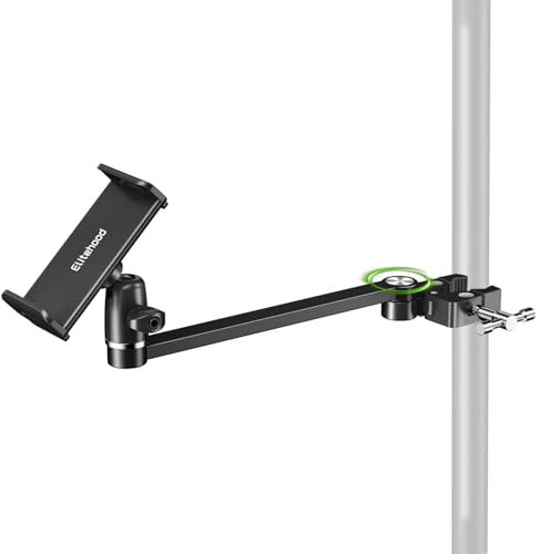 elitehood 12in Extra Long Arm iPad Mic Stand Mount, 360° Adjustable iPad Holder for Mic Stand, Tablet Holder for Microphone & Cymbal & Drum, Tablet Music Mount Fit 4.7-13in Devices