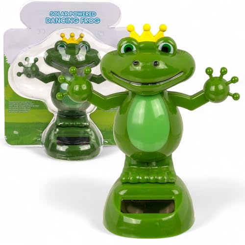 MIJOMA Solarbetriebene Wackelfigur - Bewegliche Figur mit Solarzelle, Kunststoff, 10 cm hoch, Keine Batterien notwendig, Für Fensterbretter, Autos & sonnige Plätze (Froschkönig grün)