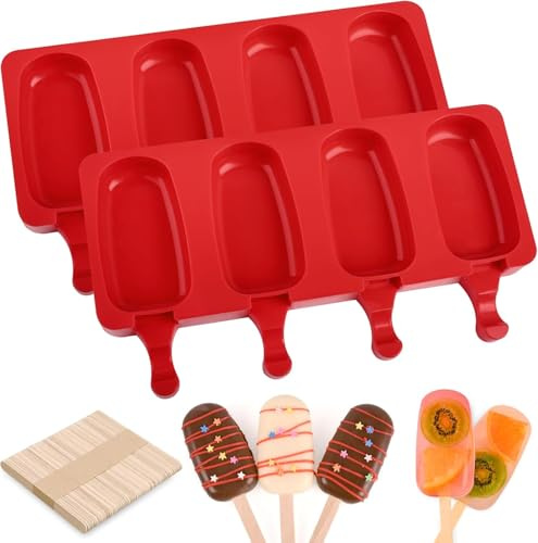 2 Pcs Ice Lolly Moulds with Sticks, 8 Cavity Silicone Ice Cream Moulds, Non-Stick Cakesicle Moulds, Ice Popsicle Mould with Lid, 100 Sticks and 50 Popsicle Bags for DIY Ice Cream, BPA-Free