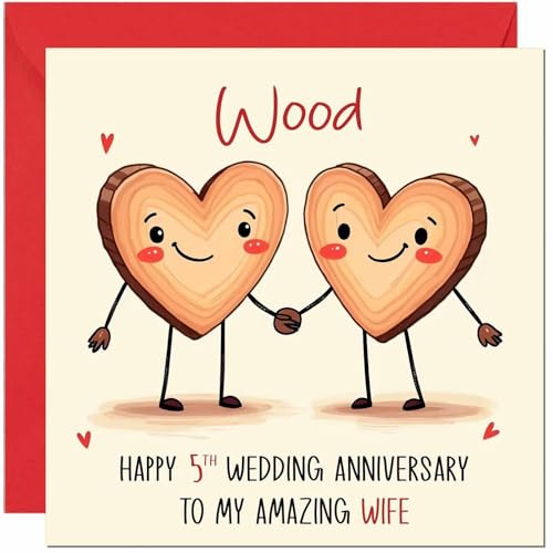 Glückwunschkarte zum 5. Hochzeitstag aus Holz für Ehefrau vom Ehemann, niedliche Jubiläumsgrußkarten