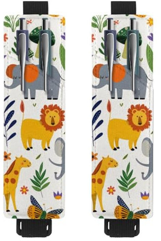VAPOKF 2 Stück Verstellbarer Gummiband-Stifthalter für Notizbuch, PU-Leder-Stifthalter, Stifteetui für Hardcover Journals, Bücher, Planer, Ordner, Tablets - Cartoon Zoo Tiere