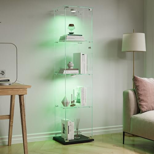 KRYZOR Glasvitrine Standvitrine mit LED, 4 Regale, Vollsicht Vitrine aus Glas und Türen, Schaukasten für Sammlungen, Vitrine, Figur, Wohnzimmer, Bar (Schwarz, 35 x 39,8 x 163 cm)