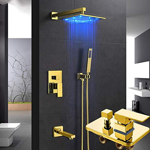 Robinet de Douche LED doré pommeau de Douche Effet Pluie de 12 Pouces mitigeur 3 Voies Bec de Baignoire Ensemble de robinets de Douche de Salle de Bain,