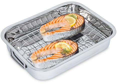 Edelstahl Bräter mit entnehmbaren Grillrost - 32 x 24 cm - Auflaufform mit Griffen und Rost für Grill und Ofen - Schwedenschale Grillschale Backform Dessertform spülmaschinenfest