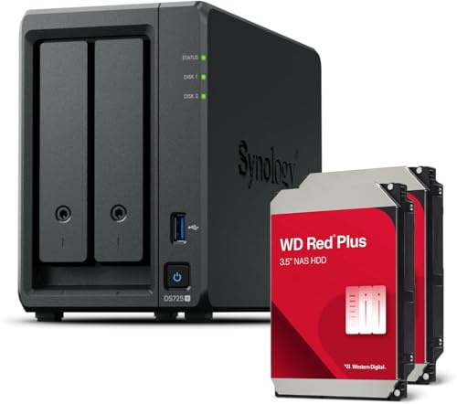 Synology DS725+ Bundle 8TB Western Digital (WD Red Plus 2X 4TB) 2 Bay Plus Serie mit Ryzen R1600, 4GB Ram (32GB max), 1x 2.5GbE, 1x 1GbE, 2X M.2 NVMe Steckplätze