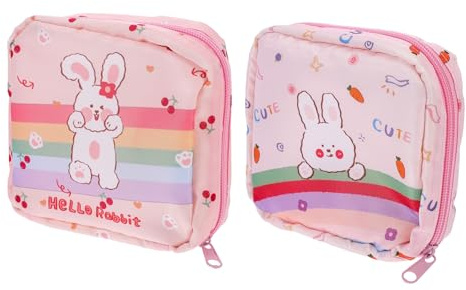 Milisten Tragbarer Damenbinden Aufbewahrungsbeutel aus Reißfestem Stoff Kleine Kosmetiktasche mit Cartoon Motiv für Reisen und Alltag 2 Stück