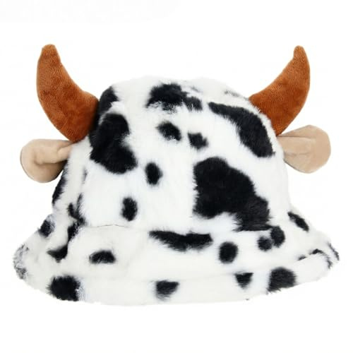 MIJOMA Plüschhut mit Kuhhörnern – Lustige Wintermütze im Kuhdesign für Damen & Herren – Flauschiger Bucket Hat aus Kunstfell – Tierkostüm Accessoire für Fasching, Party & Alltag