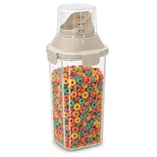 Raoletin Cereal Storage Containers 1500ml Cereal Dispenser with Measuring Cup Lid, Clear Plastic Cereals Container with Pour Spout, Airtight Food Containers for Rice, Pasta, Pet Food and Dry Goods
