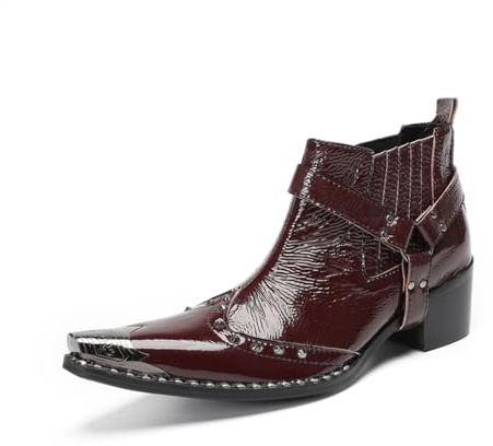 Yhsdfcn Stivaletti Chelsea da Uomo in Pelle Verniciata Bordeaux con Punta in Metallo, Stivali Texani Cowboy con Tacco Cubano, Boots Western in Vera Pelle,Burgundy,47 EU