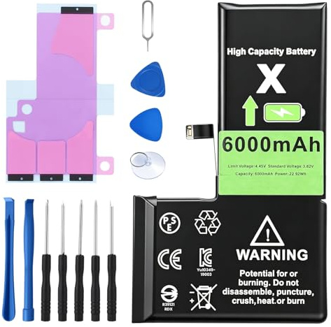 Akku für iPhone X, 6000mAh Hochkapazitäts Lithium-Ionen Batterie Ersatzakku mit Reparaturwerkzeug Set