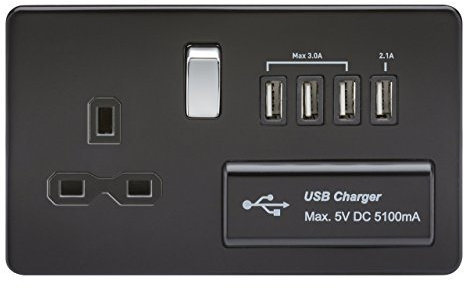 Knightsbridge SFR7USB4MB Screwless 1G 13A Switched Socket with Quad USB Charger 5V Dc 5.1A-Matt Black with Chrome Rocker