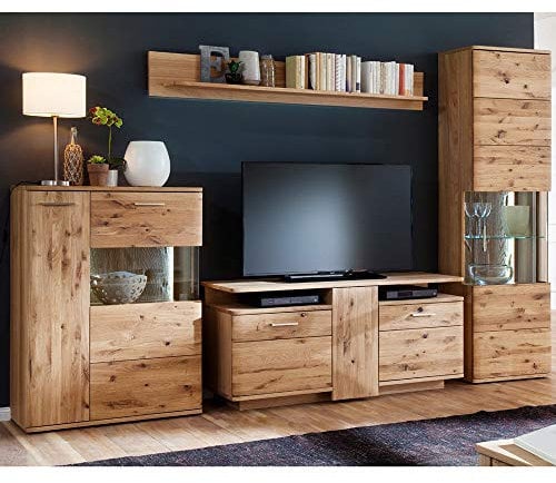 Wohnwand in Asteiche Bianco massiv geölt, mit Highboard, Lowboard, Vitrine und Regal, 320cm Breite