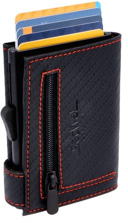 SecWal Kartenetui mit Münzfach Reißverschluss - Made in Germany - Echtleder Geldbörse inkl. E-Book für Damen und Herren - RFID Schutz Portemonnaie Leder - Geldbeutel klein (Carbon Schwarz-Rot)