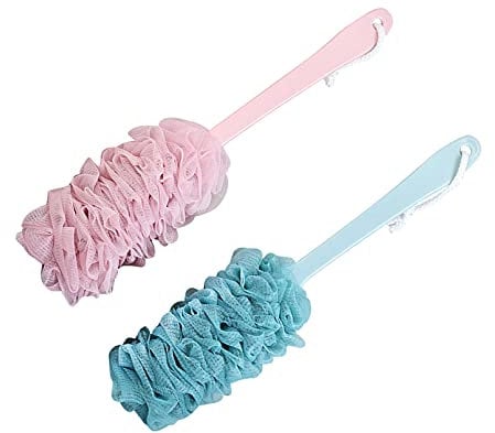 2 Pack Loofah Bath Brush with Long Handle Bath Shower Back Scrubber Body Brush for Men and Women Pink and Blue