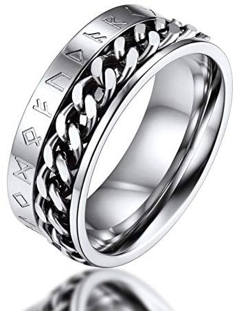 FaithHeart Spinnerring für Herren Jungen, Kette Mitterring zum drehen, Edelstahl Kette Fingerring mit Rune Symbol, Punk Fingerring mit Geschenkbox für Geburtstag Valentinstag