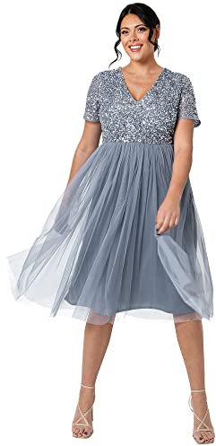 Maya Deluxe Embellished Midi Evening Dress for Women Ladies V Neckline with Short Sleeve for Prom Wedding Dusty Blue Size 18