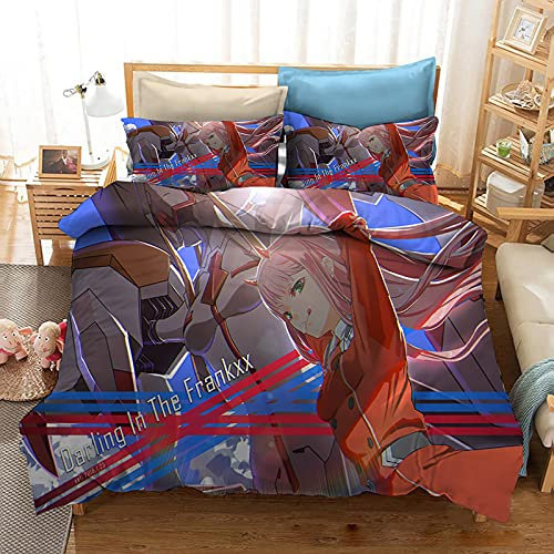 XSLGOGO Darling in The Franxx Bettwäsche-Set 2-teilig/3-teiliges Set Zero Two Prints Bettbezug und Kissenbezüge Bettwäsche-Set Personalisierte Bettwäsche für Home School Dormitory Theme Hotel