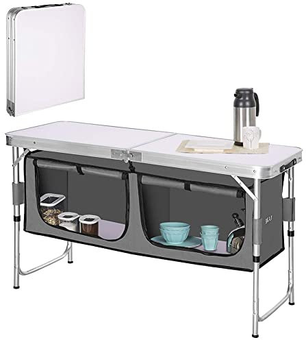 BAKAJI Cucina Armadio Mobiletto Tavolo Da Campeggio Picnic Compatta Portatile Pieghevole Con Telaio In Alluminio Manici Per il Trasporto 2 Scomparti Vani Portaoggetti In Tessuto Nero