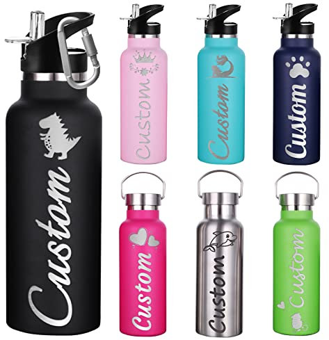 Botellas de agua personalizadas con popote para deportes, botella de agua personalizada aislada con nombre grabado para mujeres y hombres (12 onzas/26 onzas)
