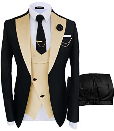 Wangyue Smoking 3 Pièces pour Homme - Coupe Ajustée - Double Boutonnage - Blazer Tux - Pantalons - Costumes de Mariage, V-Champagne-Noir, Taille XS