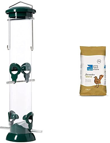 RSPB Premium Hanging Seed Feeder, Easy Clean, Aluminium, 15 inch, supporting RSPB charity. Wild bird, for use in gardens & outdoors & Favourites Blend 1.8Kg