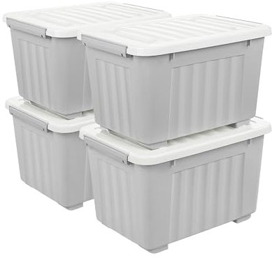 Cetomo Aufbewahrungsbox aus Kunststoff, 35 l x 4, Grau, Aufbewahrungsbox, Aufbewahrungsbehälter mit robustem Deckel und sicheren Verschlussschnallen, stapelbar und stapelbar, 4er-Pack, mit Schnalle