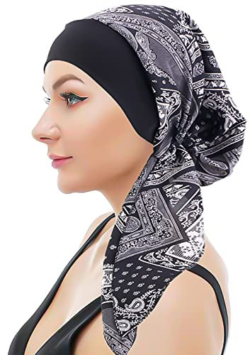 Kopftuch für Frauen Kopfbedeckung Damen Chemo Kopfbedeckung Im Voraus Gebunden Set Plissiert Headwrap Schals Gap Mütze Damen -Schwarz -2