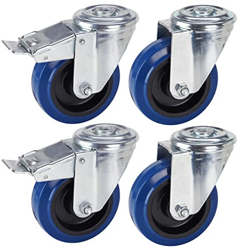 Dörner + Helmer 4er Profi-Rollen-Set 100 mm, blauer Elastik-Vollgummi, Rückenloch, Rollenmix, Tragkraft 450kg/Set