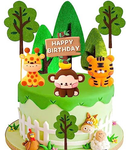 HGSHUO Waldtiere Tortendeko Geburtstag Kuchen Deko Tiere Cake Topper Happy Birthday Cupcake Topper Kindergeburtstag Torte Deko Dschungel Party Kuchendeko Bäume Geburtstagsdeko 10 Stück