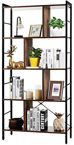 HOMASIS Bücherregal mit 5 Ablagen, Standregal aus Holz & Metall, Pflanzenregal industriellen Stil, Aufbewahrungsregal Raumteiler zur Bücher, für Wohnzimmer & Büro, 74x30x154,5cm