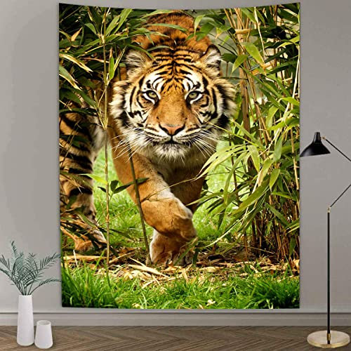 CHENGOR Tiger in Bambus Wald Tapisserie Tier König Dschungel Wandbehang Wandteppich für Wohnzimmer Schlafzimmer Wohnheim Männerhöhle Hintergrund 100 x 150 cm
